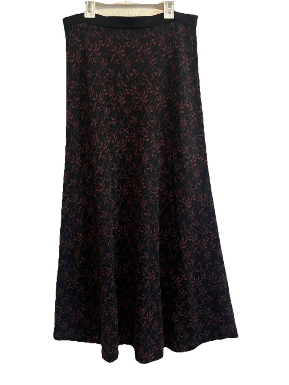 Peruvian Connection Pima Cotton A-Line Midi Skirt Black Burgundy Floral Women M